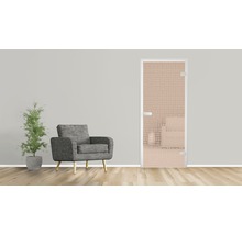 Szene mit einem Sessel, einer Pflanze und einer Designtür aus Glas für den Innenbereich.