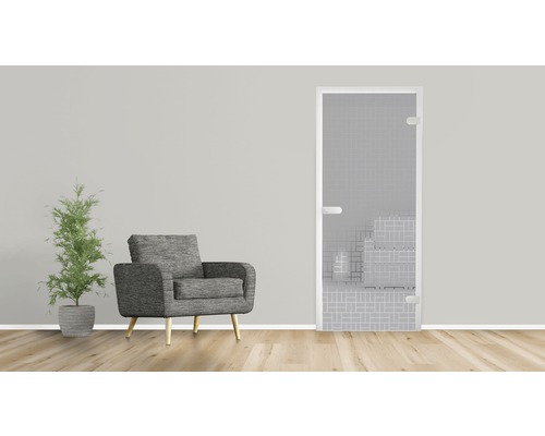 Szene mit einer Glastür, einem Sessel und einer Zimmerpflanze