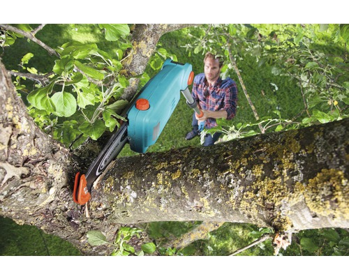 Mann benutzt Hochentaster zum Beschneiden eines Astes.