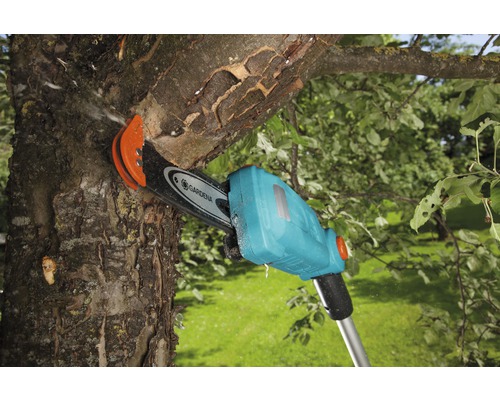 Gardena Akku-Hochentaster schneidet Ast an einem Baum.