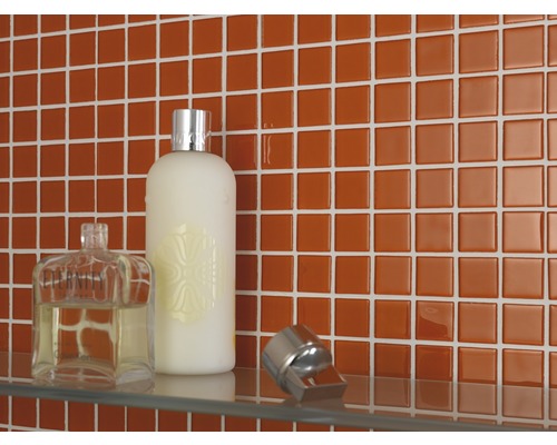 Mosaikfliesen in einem Badezimmer mit Pflegeprodukten auf einem Glasregal