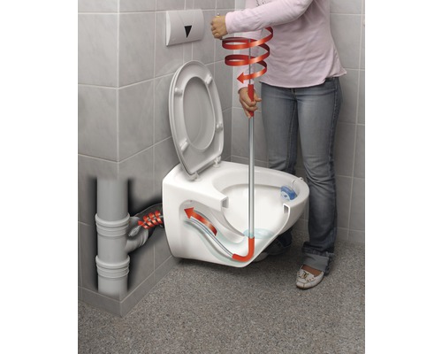 Rohrreinigungsspirale im Einsatz in einer Toilette zur Beseitigung einer Verstopfung.