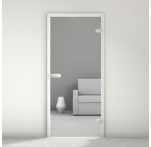 Glastür mit weißem Rahmen und Griff in minimalistischem Interieur