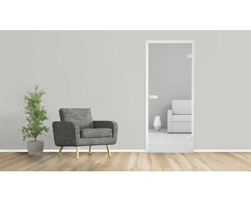 Innenraum mit Sessel, Pflanze und Innentür mit Glaseinsatz