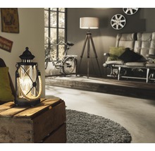 Dekorative Laterne mit Glaskörper und Seilgriff auf einer Holzkiste in einem Wohnzimmer mit Fahrrad, Stehlampe und Sofa.