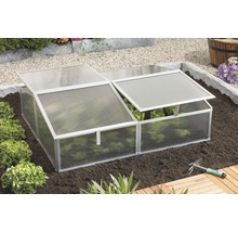 Frühbeet mit Aluminiumrahmen und transparenten Kunststoffplatten im Garten