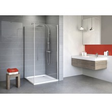 Modernes Badezimmer mit Duschkabine, Waschbeckenunterschrank und Ablagehocker