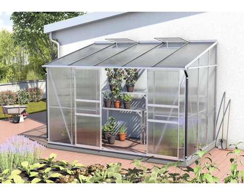 Anlehngewächshaus Vitavia Ida 6500 Hohlkammerplatten 4 mm 201x324 cm Aluminium Gewächshaus mit Pflanzenregal an Hauswand