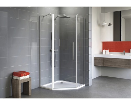 Fünfeckdusche Schulte Alexa Style 2.0 90x90 cm Klarglas Profilfarbe alpinweiß Duschkabine mit Eckeinstieg in modernem Badezimmer