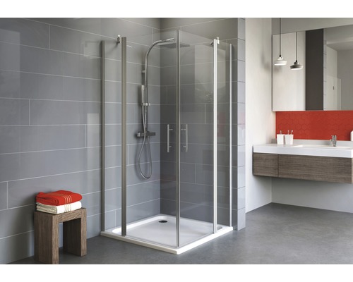 Eckeinstieg Schulte Alexa Style 2.0 90x90 cm Klarglas Profilfarbe aluminium Modernes Badezimmer mit quadratischer Duschkabine, Duschkopf und Waschbecken