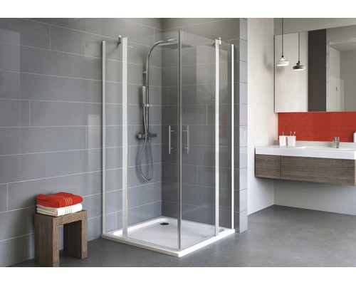 Eckeinstieg Schulte Alexa Style 2.0 90x90 cm Klarglas Profilfarbe alpinweiß Eckdusche mit Duschwanne und Glastüren im Badezimmer.
