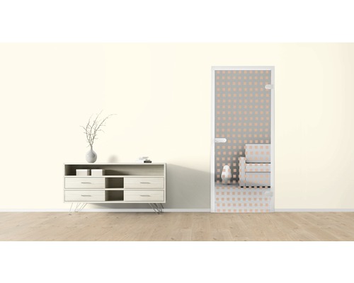 Raumszene mit Kommode und Glastür mit quadratischem Muster