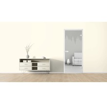 Heller Raum mit Kommode und Designtür mit Motiv