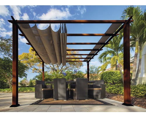 Aluminium Pergola, Pavillon Paragon Outdoor Florida 11x11 mit verstellbarem Sonnensegel 320 x 320 cm Cocoa holzoptik