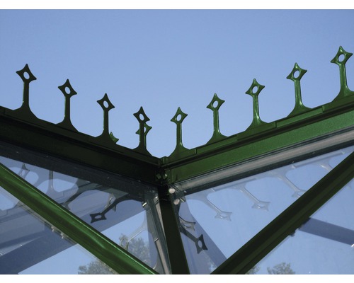 Dachfirstverzierung Vitavia für Gewächshaus Sirius, grün Detailaufnahme eines Gewächshauses mit Zierelementen