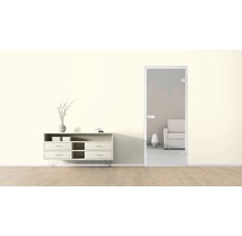 Heller Raum mit Kommode und Designtür aus Glas