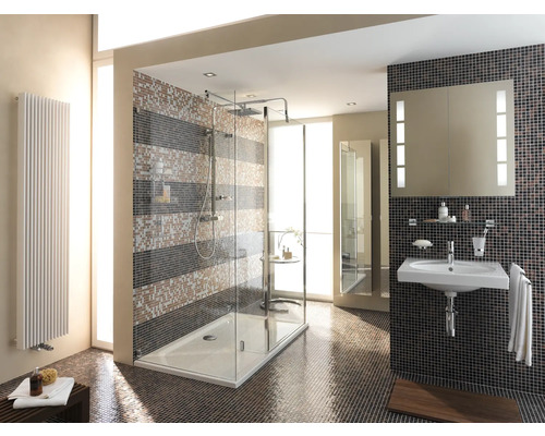 Helles Badezimmer mit Dusche, Waschtisch, Spiegel und Heizkörper