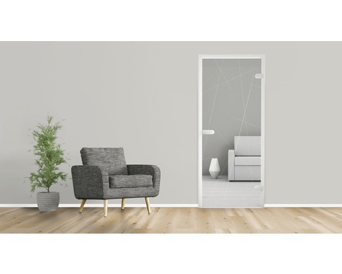 Einrichtungsbeispiel mit Glastür, Sessel und Zimmerpflanze