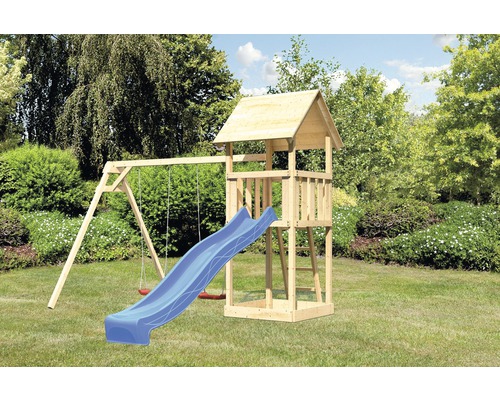 Spielturm AKUBI Lotti mit Sandkasten, Doppelschaukel und Rutsche blau Spielplatz mit Schaukel und Rutsche aus Holz im Garten