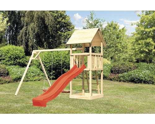 Spielturm AKUBI Lotti mit Sandkasten, Doppelschaukel und Rutsche rot Spielturm mit Schaukel und Rutsche aus Holz im Garten.