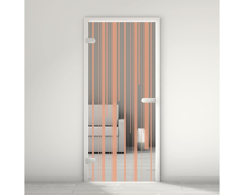Pertura Glastür Mynd Lines 10 orange 70,9 x 197,2 x 0,8 cm DIN Links Glastür mit vertikalem Streifenmuster in einem hellen Raum