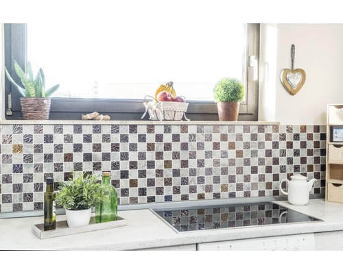 Küchenszene mit Mosaikfliesen, Pflanzen und Kochfeld