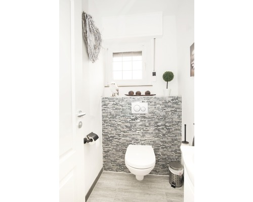 Modernes Gäste WC mit Toilette, Mosaikwand und Dekoration