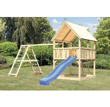 Spielplatz mit Schaukel, Rutsche und Spielturm im Garten