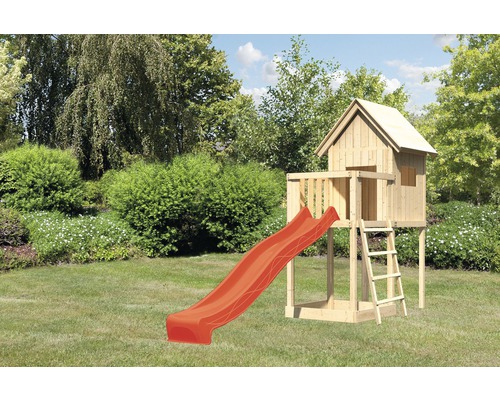 Stelzenhaus AKUBI Frieda Holz mit Sandkasten, Anbau und Rutsche rot Spielturm mit Rutsche im Garten