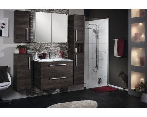 Badezimmer mit Waschtisch, Spiegelschrank, Hochschrank und Dusche