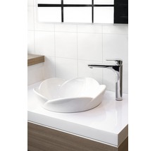 Aufsatzwaschbecken aus Keramik mit Armatur auf Waschtisch montiert.