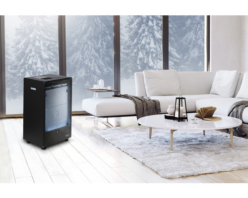 Wohnzimmer mit Gasofen, Sofa, Teppich und Blick auf verschneite Bäume
