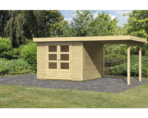 Gartenhaus Karibu Kodiak 4 im Set mit Schleppdach 572 x 238 cm natur Gartenhaus mit Anbau aus Holz mit Doppeltür und Fenstern