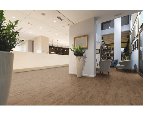 Innenraum mit Bodenbelag in Holzoptik, Pflanzen und Sitzmöbeln