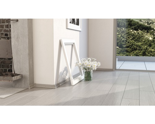 Heller Raum mit Holzboden, Bilderrahmen und Blumen in Vase