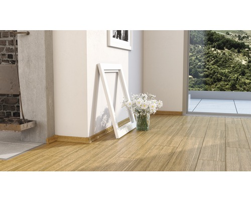 Innenraumszene mit Holzfußboden, Fußleisten, Bilderrahmen und Blumenvase