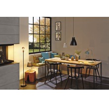 Esszimmer mit Holztisch, Stühlen, Pendelleuchten, Stehlampe und Fenster mit Blick nach draußen