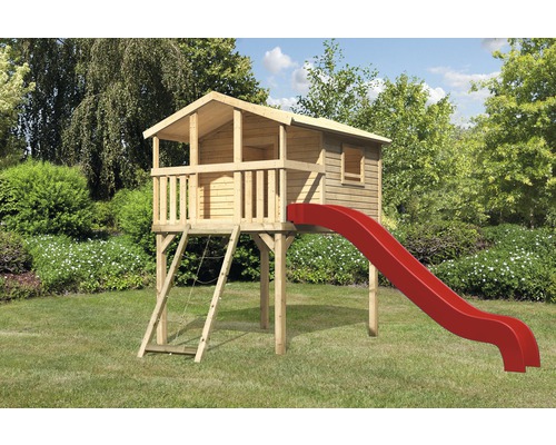 Stelzenhaus AKUBI Benjamin Holz mit Netzrampe und Rutsche rot Spielhaus aus Holz mit roter Rutsche im Garten