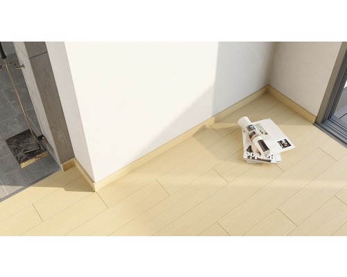 Szene mit hellem Holzboden und Sockelleisten an der Wand