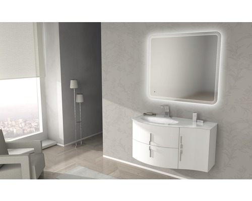 Badmöbel-Set Baden Haus Sting BxHxT 104 x 146,5 x 52 cm Frontfarbe weiß hochglanz mit Waschtisch Glas weiß und Waschtisch Waschtischunterschrank Spiegel