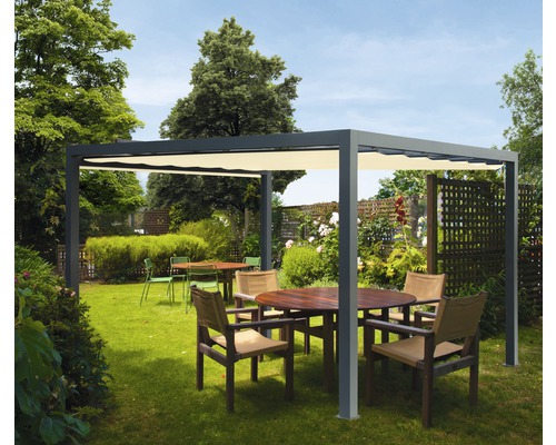 Pavillon Wismar 300 x 300 cm Dessin 6610 gelb ohne Senkrechtmarkise Pergola mit Stoffdach und Gartenmöbeln im Garten