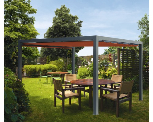 Pavillon Wismar 300 x 300 cm Dessin 8207 rot ohne Senkrechtmarkise Pergola mit Markise und Sitzgruppe im Garten