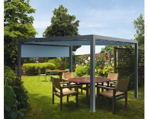 Pavillon Wismar 300 x 300 cm Dessin 7558 petrol mit Senkrechtmarkise Pergola mit ausfahrbarem Seitenteil und Sitzgruppe im Garten