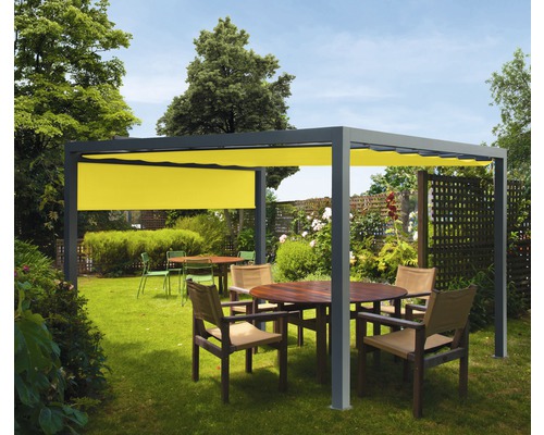 Pavillon Wismar 300 x 300 cm Dessin 7703 gelb mit Senkrechtmarkise Pergola mit Tisch und Stühlen im Garten