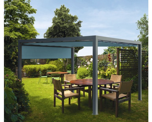 Pavillon Wismar 300 x 300 cm Dessin 8901 blaugrau mit Senkrechtmarkise Pergola mit Rollo und Sitzgruppe im Garten