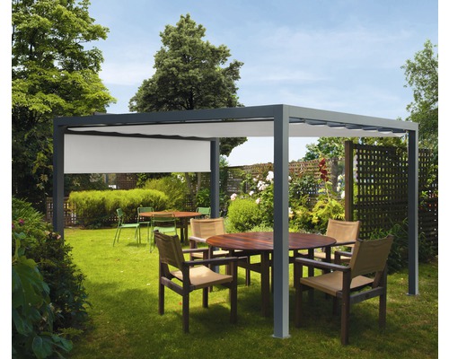 Pavillon Wismar 300 x 300 cm Dessin 320923 grau mit Senkrechtmarkise Garten mit Pavillon, Terrassenmöbeln und Sonnenschutz