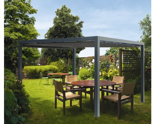 Pavillon Grau 300 x 300 cm Design 320925 grau ohne Senkrechtmarkise Terrasse mit Pavillon, Gartentischen und Stühlen im Freien