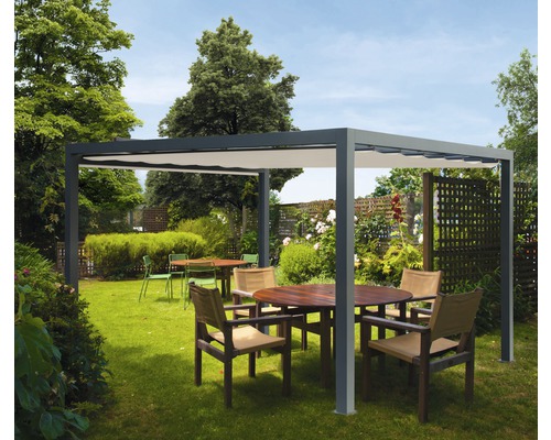 Pavillon Grau 300 x 400 cm Design 320930 beige ohne Senkrechtmarkise Freistehende Pergola mit ausfahrbarem Sonnenschutz auf einer Rasenfläche mit Gartenmöbeln