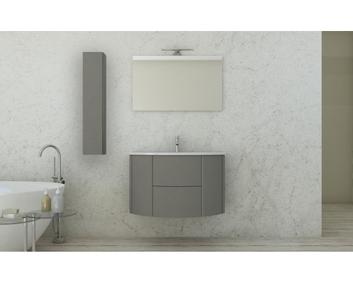 Modernes Badezimmer mit Waschtischunterschrank, Spiegelschrank und Hochschrank