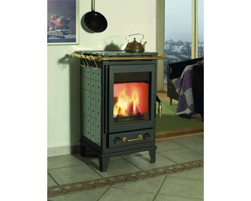 Kaminofen mit Glasfenster und brennendem Feuer im Wohnzimmer.